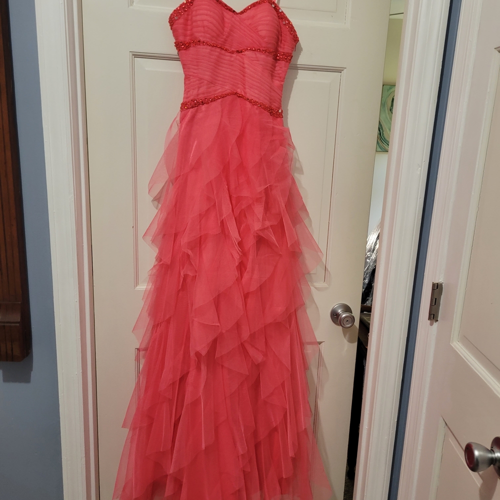 Strapless Coral Ruffled Prom Dress